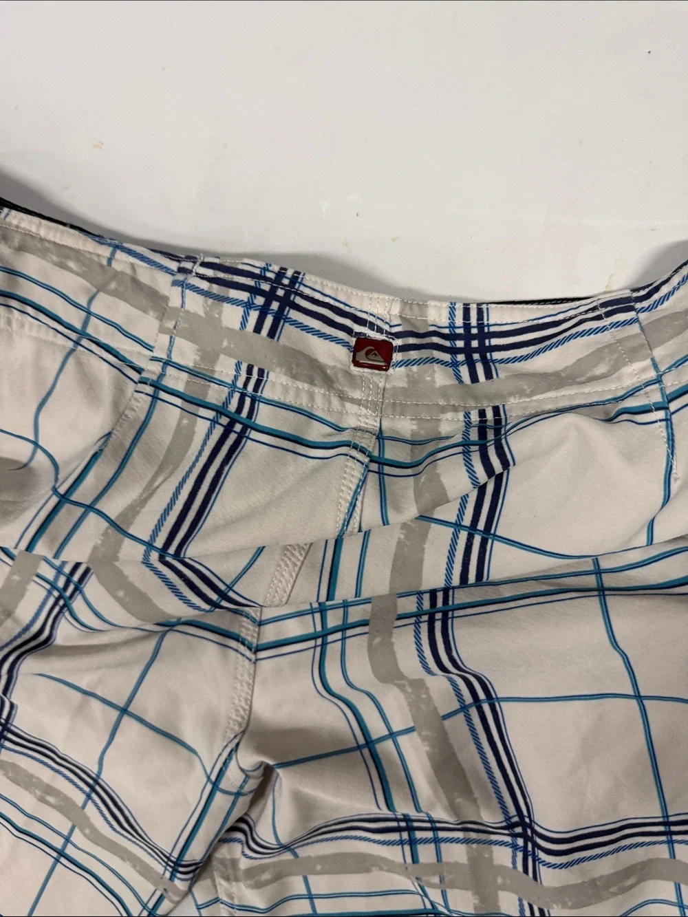 Quiksilver Men’s Cream Swim Boardshorts with Blue & Gray Plaid